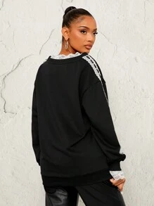 SHEIN SXY Sudadera con capucha negra ancha con parche de encaje estilo "American Sweetheart", para otoño/invierno - Negro - Ver 2