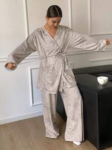 DAZY 3pcs/Set Elegance Tree Pattern Printed Robe With Camisole & Long Pants Pajama Set - Khaki - View 6