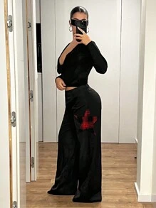 SHEIN ICON Loose Fit Red Black Star Applique Pants - Black - View 6