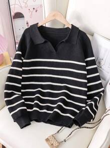 女童拼色黑白条纹针织毛衣，优雅圆领套头衫，适合青少年和青春期儿童