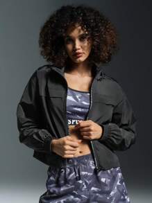POWERISTA Powerista Dames Zwarte Letter Print Lange Mouw Ritssluiting Losse Casual Sportjas Voor Hardlopen & Dagelijkse Training