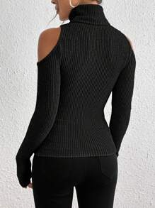 INAWLY Women's Solid Color High Collar Ribbed Slim Fit Hollow Out Long Sleeve T-Shirt