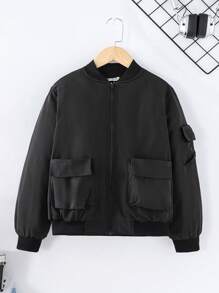SHEIN Jaqueta casual folgada e minimalista, com decoro de bolso lateral, de gola redonda, confortável para meninas pré-adolescentes