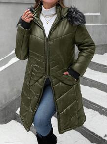 SHEIN LUNE 大码女式冬季服装长袖拉链前片混合蓬松连帽加厚棉服外套 - 軍綠色 - 查看 4