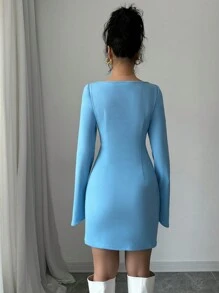 Chiquease Damen Regular Rundhals Ausgeschnittenes Brustausschnitt Langarm Blaues Kleid
