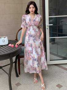 DAZY V-Neck Floral Print Puff Sleeve Mid-Length Dress For Women