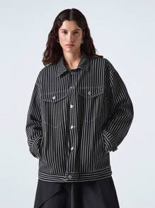 LYSMO Chaqueta larga suelta con botones delanteros, bolsillos y mangas largas a rayas para mujer