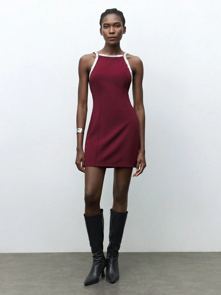 SHEIN Maija Women's Sexy Rhinestone Decor Backless Halter Mini Dress