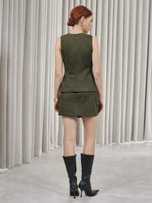 SHEIN Privé Women's Suede Vest + Mini Skirt 2 Pieces Set, Minimalist Style, Great For Valentine's Day, Spring - Olive Green - View 6