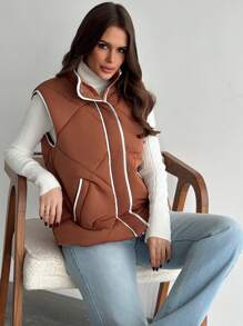 SHEIN Privé Women's Casual Warm Quilted Cotton Padded Vest With Contrasting Trim And Pockets, Suitable For Autumn/Winter Home Wear - Rust Brown - View 2