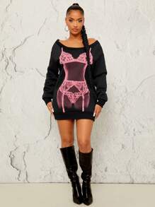 SHEIN SXY 女士蕾丝紧身印花保暖内衬长款连帽连衣裙，冬季保暖厚实 - 黑色 - 查看 4