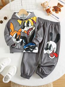 2pcs/Set Young Boys Casual College Style Comfortable And Fashionable Simple Practical Cute Playful Cartoon Animal Printed Thermal Lined Hoodie And Pants, Suitable For Young Boys Outfits, Back To School, Young Boy Clothes, Daily Wear, School, Outings, Sports, Autumn And Winter