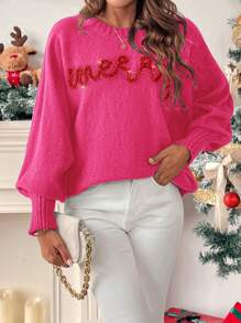 SHEIN LUNE Women's Autumn/Winter Contrast Color Letter Christmas Sweater, Oversized Turtleneck Knitted Pullover  Fall Outfit