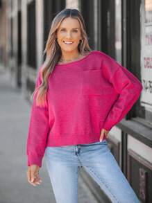 SHEIN LUNE Suéter casual de cuello de barco elástico rosa para mujer, jersey, Año Nuevo