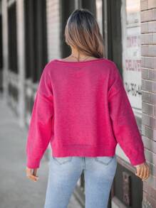 SHEIN LUNE Suéter casual de cuello de barco elástico rosa para mujer, jersey, Año Nuevo
