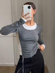 DAZY Camiseta ajustada de mujer de manga larga con cuello redondo, cordón y parches de colores contrastantes, ropa de otoño - Gris - Ver 8