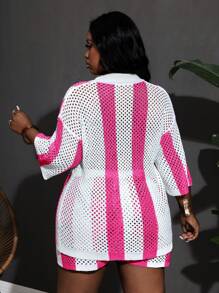 Slaydiva Bộ đồ áo len kẻ sọc và quần short đơn giản giản dị cỡ lớn cho nữ mùa hè - Màu Hồng Tươi - Xem 2
