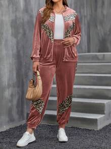 SHEIN LUNE Plus Size Women Leopard Splice Zipper Front Hooded Sweatshirt And Pants 2 Pieces Set, Casual Autumn Western Wear Women Festival Boho Hippie Cowgirl Outfit Old Money Bohemian - Dusty Pink - View 5
