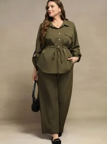 SHEIN Clasi 2pcs/Set Cinched Waist Shirt And Pants Set With Pockets, Short Sleeve - Army Green - View 6