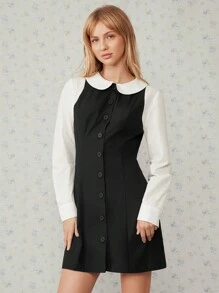 Easelle 女式彼得潘领长袖衬衫式修身短裙 - 黑與白 - 查看 3