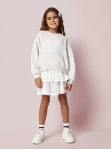 SUMWON Tween Girls Comfy Regular Fit Embroidered Paris Sweatshirt And Skirt 2 Piece Set - Apricot - View 1