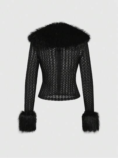 Grunge Punk Cárdigan entallado con cuello de piel sintética elástico estilo retro Y2K para mujeres
