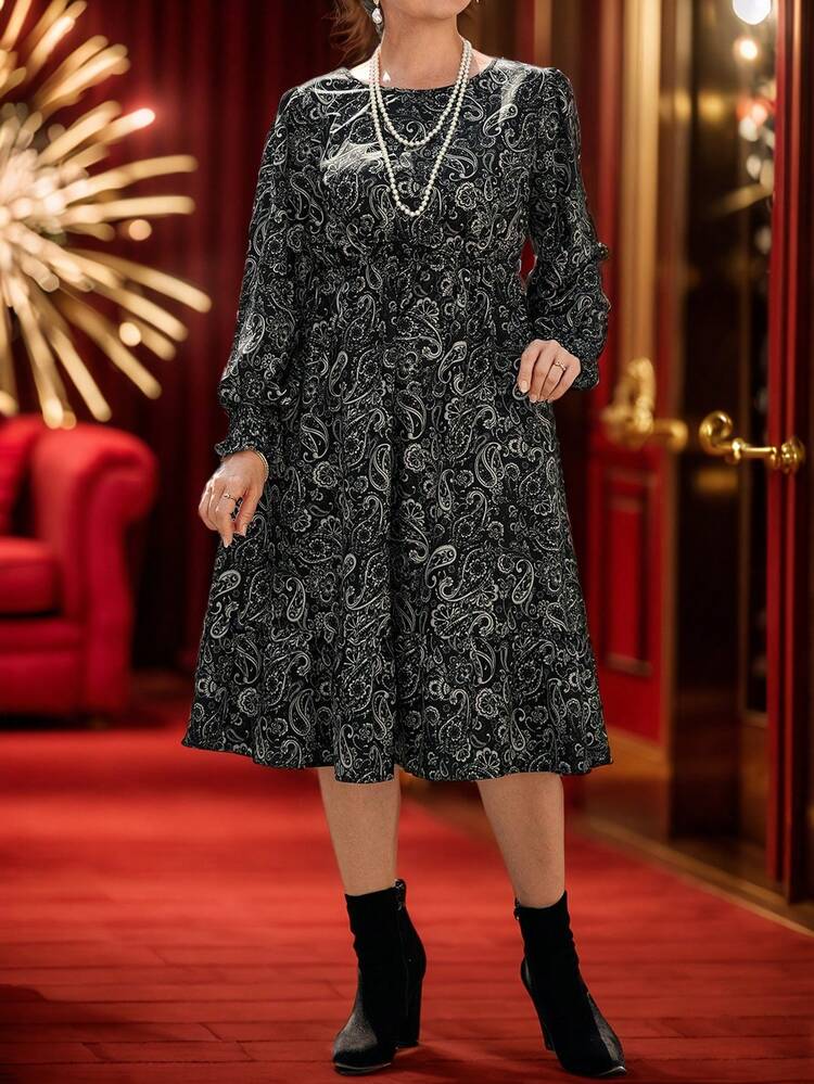 Plus Size Christmas Dress Winter Dress Round Neck Long Sleeve Allover Print Casual Short Dress,Winter Clothes For Women