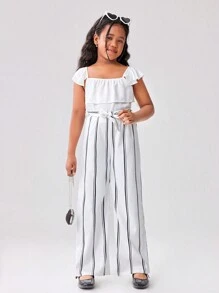 SHEIN Conjunto de 2 piezas para niñas y niñas pequeñas: Top con mangas abullonadas de efecto metálico brillante combinada con falda plisada en línea A, de tela cómoda y suave, adecuada para ocasiones casuales, salidas, fiestas, vacaciones y la escuela