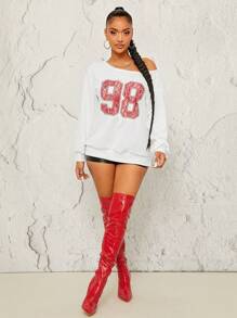SHEIN SXY Sudadera con capucha con bordado de encaje y patrón numérico, estilo dulce estadounidense, para otoño/invierno - Blanco - Ver 4
