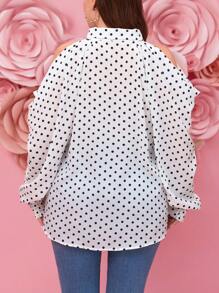 SHEIN LUNE Plus Size Elegant Polka Dot Off Shoulder Long Sleeve Shirt New Year Summer Women's Clothing