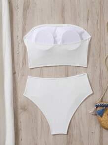 Swim Vcay Women's Solid Color Bandeau Ruffled Bikini Set Summer