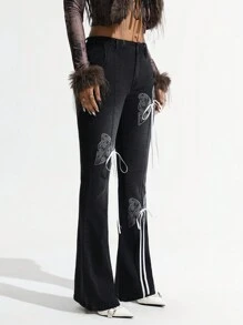 SHEIN ICON Jeans With Butterfly Print & Bow Decor Bell Bottoms Skinny Flared Jeans - Black - View 5