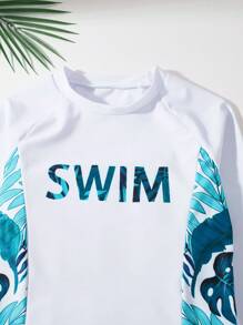 SHEIN 2 件装青少年男孩夏季休闲度假主题长袖泳衣上衣和泳裤 - 藍色 - 查看 3