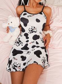 奶牛与字母图案生菜边饰吊带睡衣睡裙 - 黑與白 - 查看 3