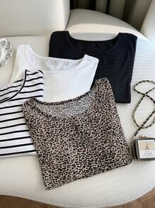 SHEIN EZwear Camisetas básicas de punto con cuello redondo, de ajuste ceñido, para mujer de talla grande, en paquete múltiple, diseño lindo para primavera