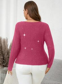 SHEIN Clasi 大码 V 领长袖纯色休闲 T 恤，时尚日常穿着 - 玫紅色 - 查看 2