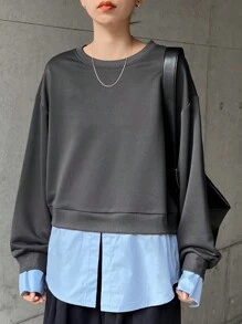 FRIFUL 女士圆领长袖撞色休闲T恤，秋季女装 - 灰色 - 查看 6
