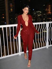 SHEIN SXY 性感优雅闪光深 V 领长袖露背连体裤，适合派对、生日、夜总会 - 紅色 - 查看 4