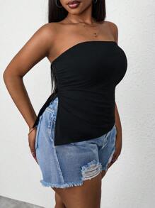 SHEIN PETITE CURVE Plus Size Black Pleated Slit Strapless Knit Stretch Top - Black - View 5