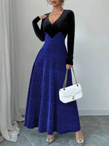 Modelyn 女士优雅黑色天鹅绒长袖 A 字裙超长女士套装长款晚礼服