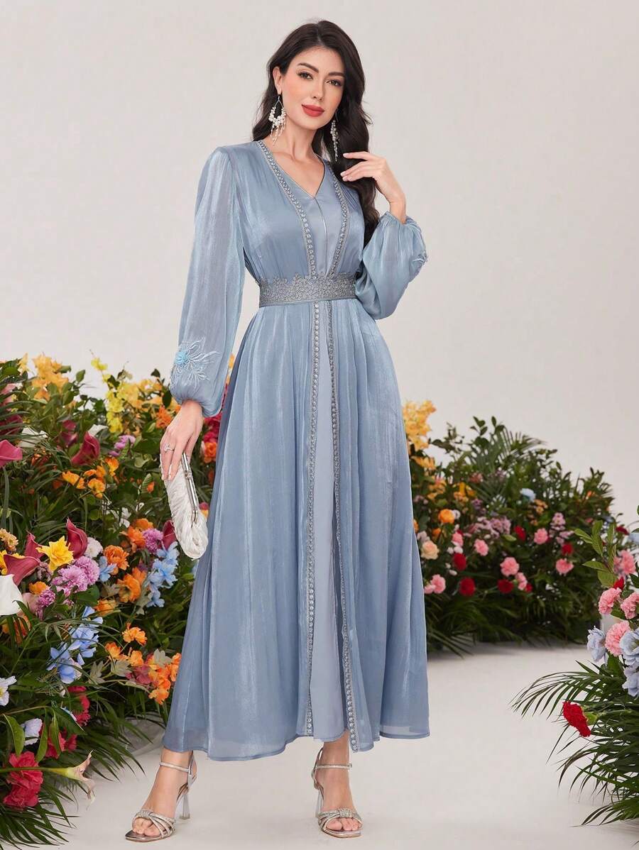 Al Najma 女士两件套：灯笼袖长款和服和 V 领连衣裙 - 藍色 - 查看 1