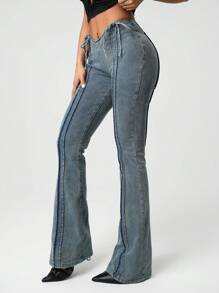 SHEIN ICON Y2K Jeans femininos de cintura baixa com cordão e alargamento, casuais e versáteis, jeans de cintura baixa, jeans largos, jeans femininos de perna reta, jeans femininos de cintura baixa com cordão e alargamento, casuais e versáteis - Azul - Ver 3