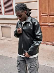 Manfinity VCAY Men's PU Leather Loose Long Sleeve Jacket, Going Out Jacket, For Friends, Husband, Boyfriend Gifts, For Fall Winter - Black - View 3