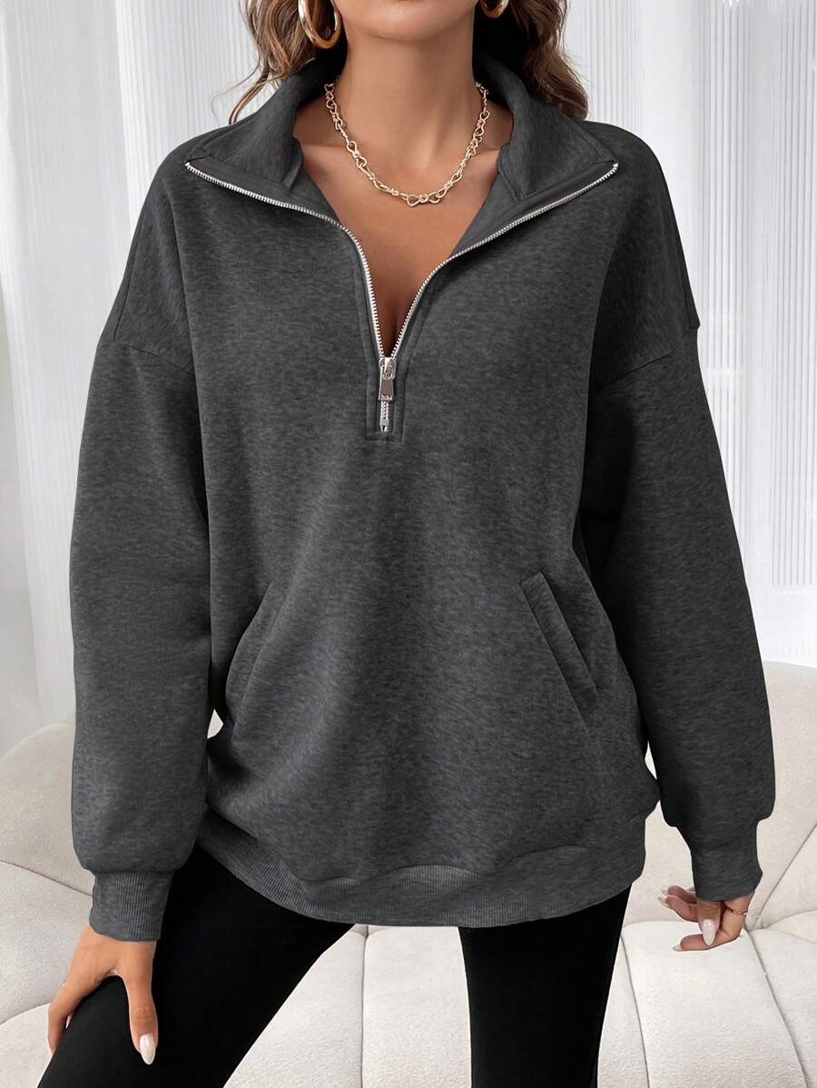 INAWLY 大码纯色领口半拉链口袋休闲运动衫，适合冬季 - 深灰色 - 查看 1