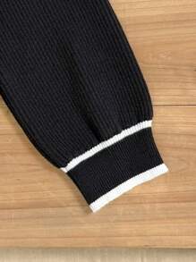 1pc Tween Girl European Style Black Ruffle Trim Crew Neck Knit Top, Autumn - Black - View 5