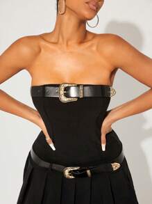 SHEIN SXY New Year's Elegant Sexy Nightclub Must Have Valentine's Day Casual Edgy Black Strapless Pleated Mini Dress With Two Decorative Belts - Black - View 4