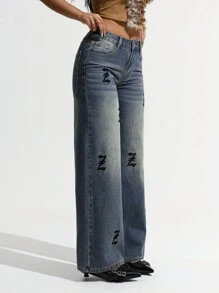 SHEIN ICON Jeans droits baggy taille basse femme, imprimé lettre vintage avec poches, lavé - Jean bleu - Voir 6