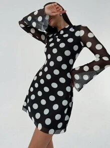 Firerie Women's Minimalist Elegant Sexy Mini Dress, Black & White Polka Dot, Retro Boat Neck Flare Sleeve Empire Waist A-Line Mini Dress, Spring/Summer Outfits, Valentine's Day,Graduation,Graduation Dresses For Women,Back To School Dress