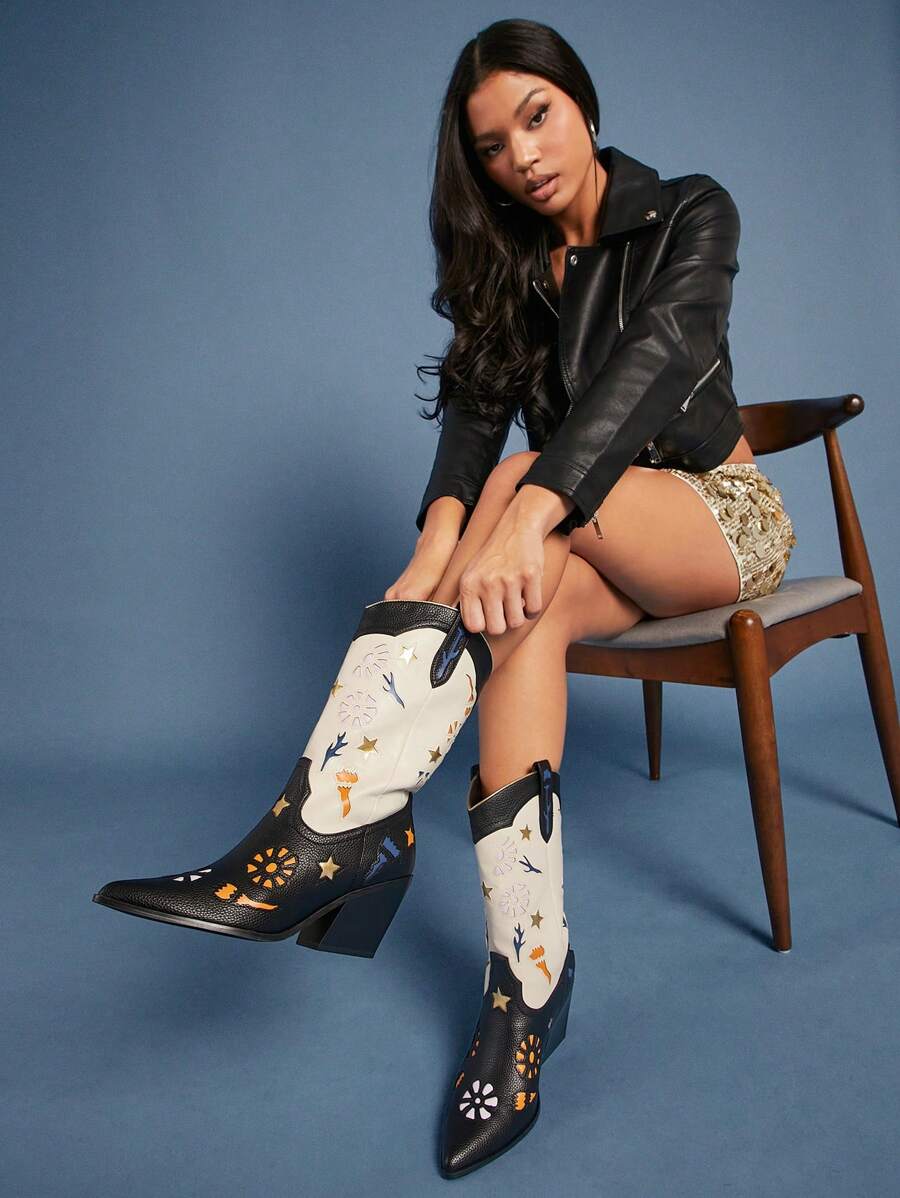 SHUZIA 女式西部牛仔风格休闲黑色可爱花卉装饰高跟粗跟中高跟靴 - 黑色 - 查看 1