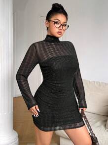 SHEIN EZwear 大码黑色透明网眼闪光迷你连衣裙 - 黑色 - 查看 3